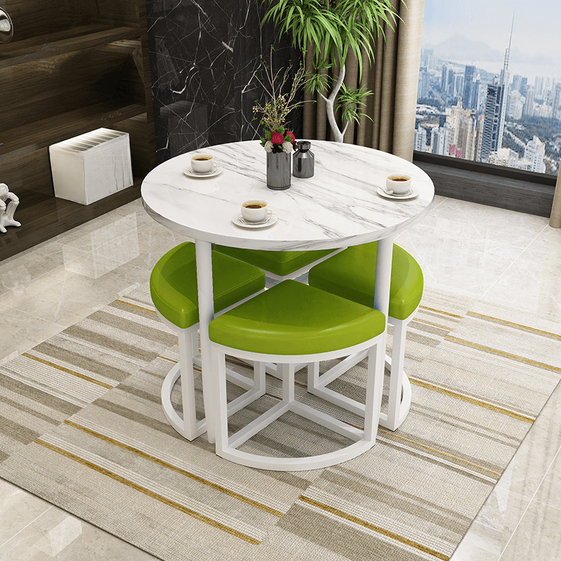 Reclaimed Wood Round Dining Table Set with Metal Toboggan Base and Upholstered Backless Chairs for 4 People thumbnail 34