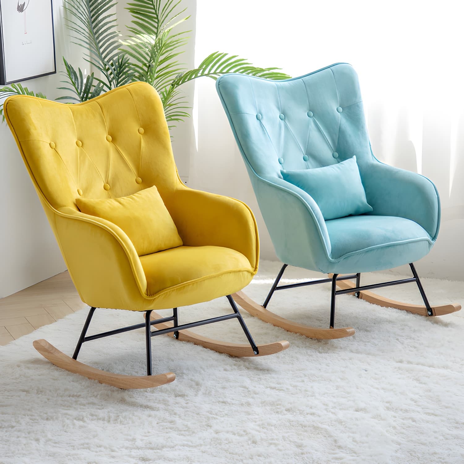 Stylish Modern Upholstered Rocking Chair with Natural Wood Legs and Tufted Back Cushion thumbnail 10