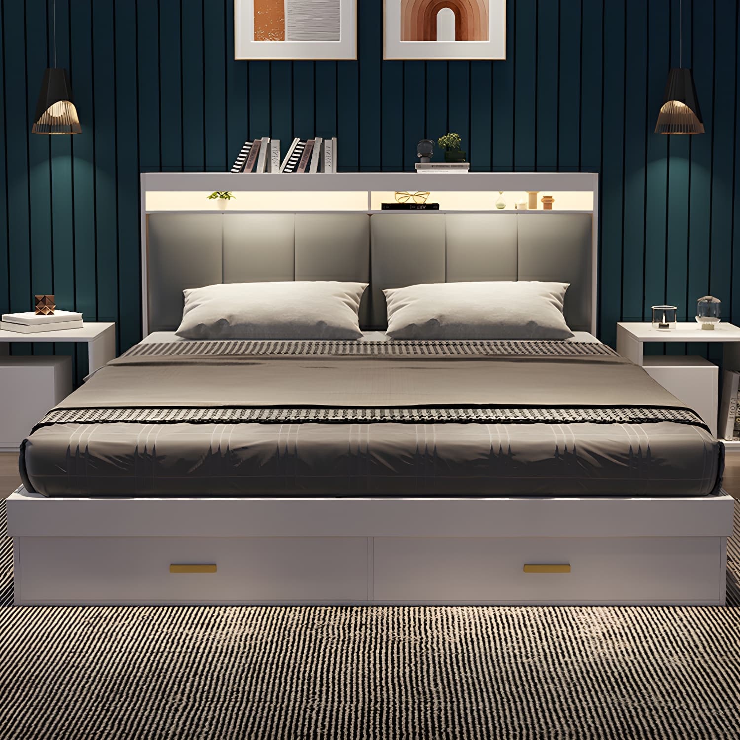 Modern Upholstered Headboard Bed with Storage and Patchwork Design thumbnail 11