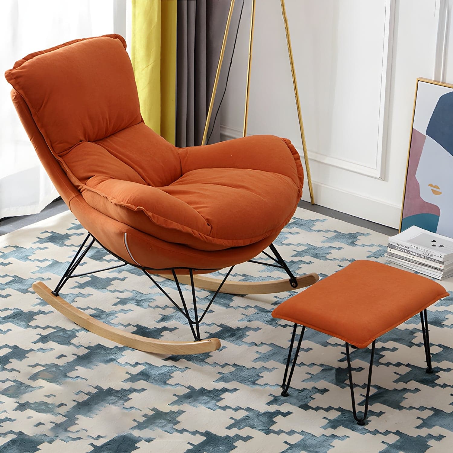 Modern Upholstered Rocking Chair and Ottoman Set - Natural Wood Legs, Stylish Design for Home Decor thumbnail 11