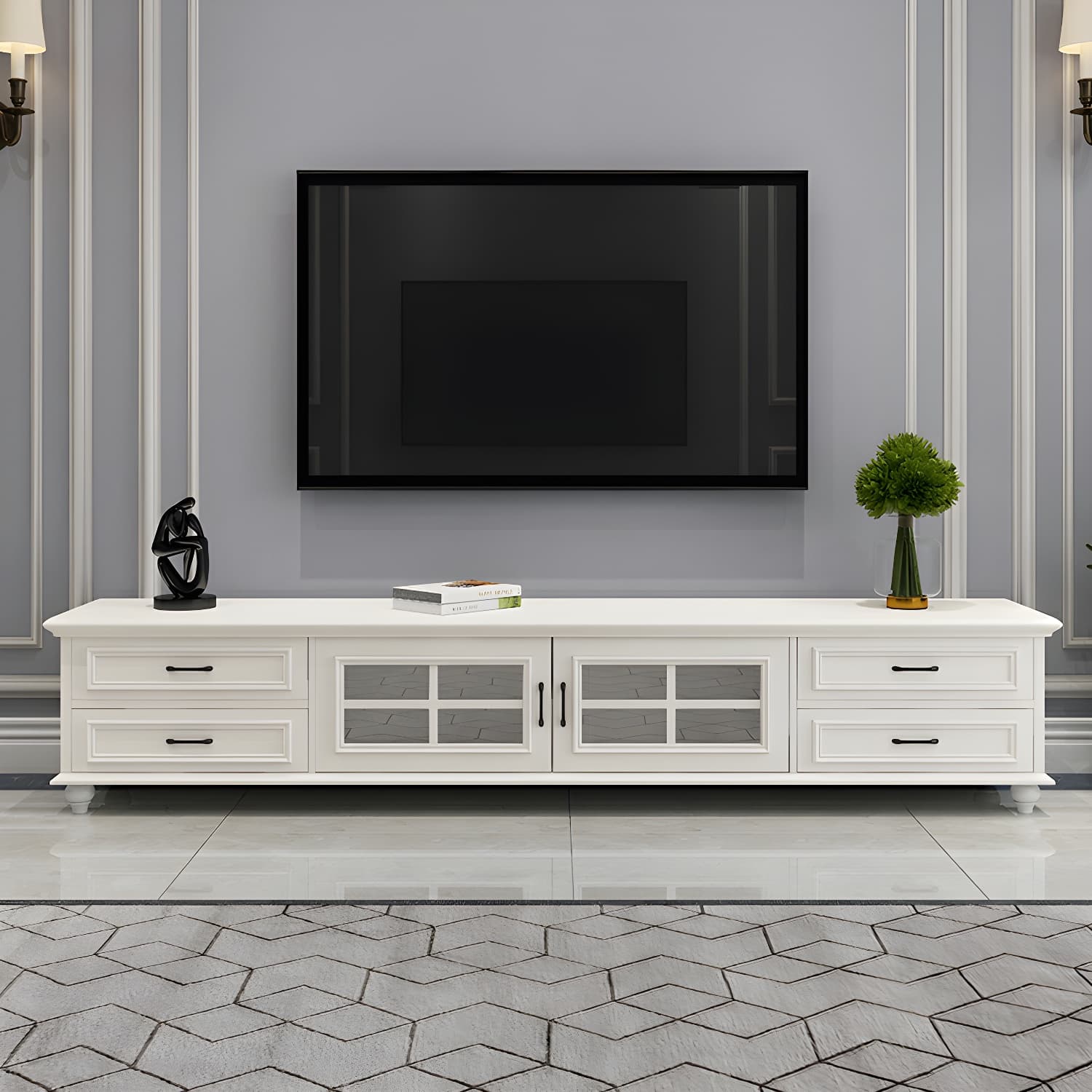 Modern Wood TV Stand with Drawers, Shelves, and Legs - Low Height - Cable Management thumbnail 3