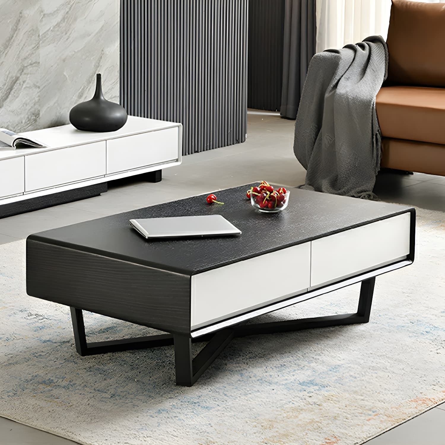 Rectangular Wood Modern Coffee Table with Black Metal Cross Legs and Storage Drawers thumbnail 20