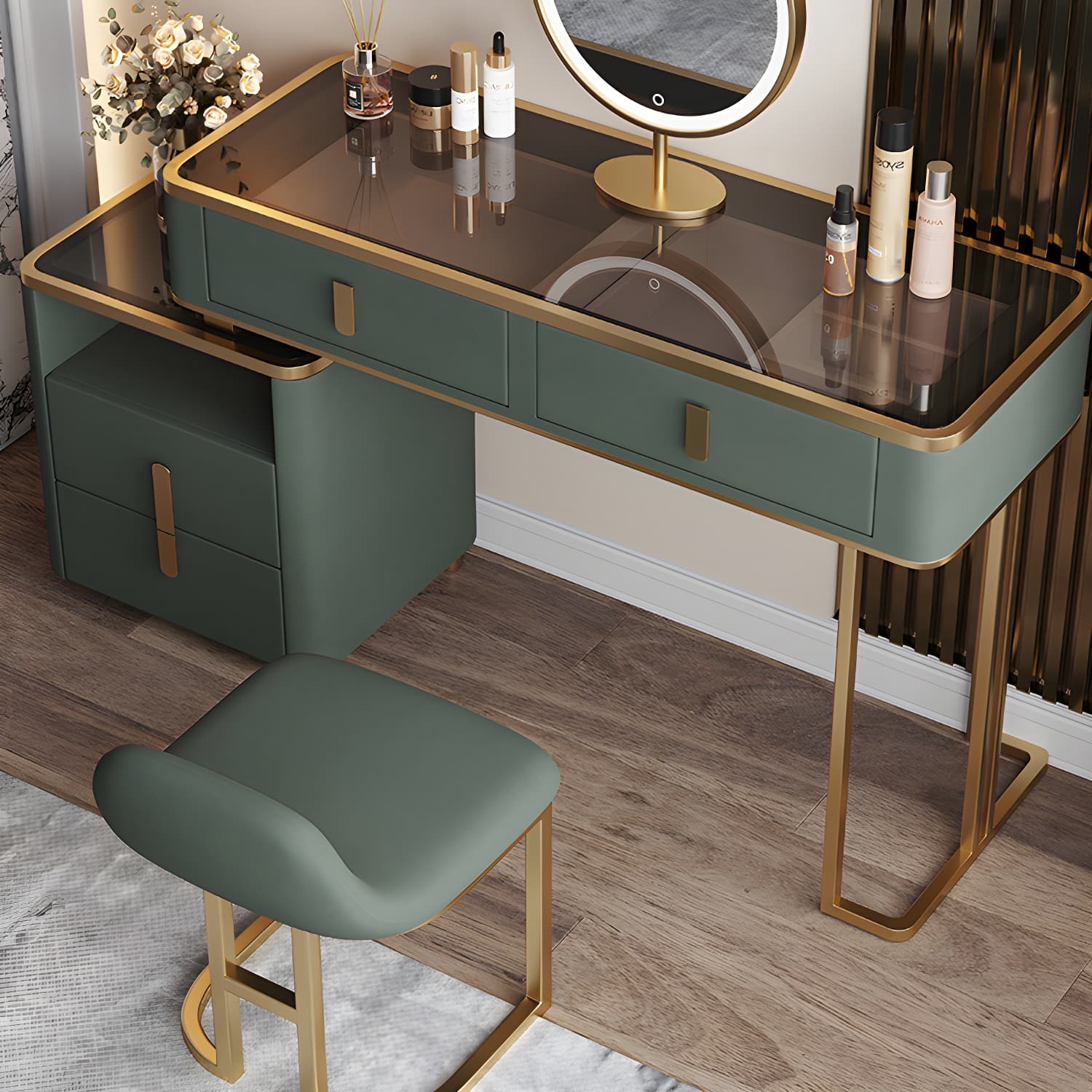 Glass Top Dressing Table Solid Wood Green Make-up Vanity with Drawers thumbnail 1