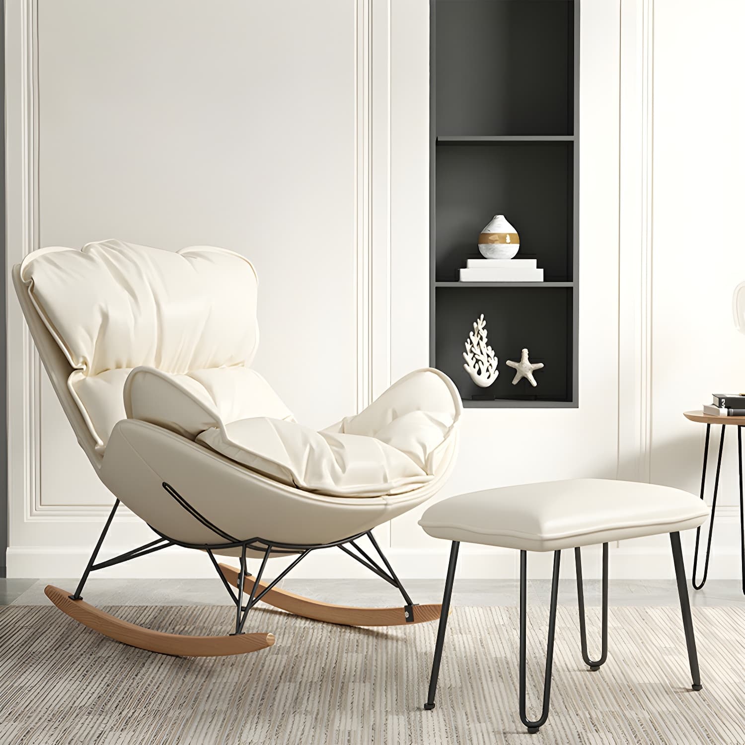 Modern Metal Rocking Chair with Upholstered Seat - Brown Legs, Removable Cushions thumbnail 9