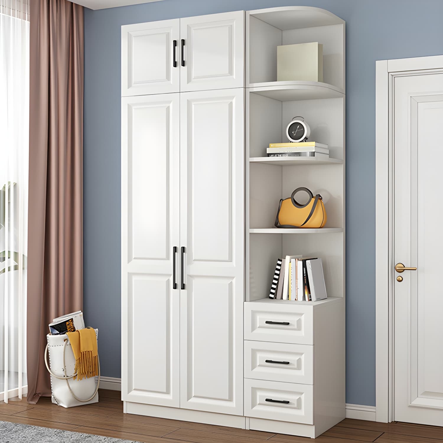 Modern White Wood Wardrobe Armoire with Shelves & Clothing Rod - Spacious and Stylish thumbnail 3