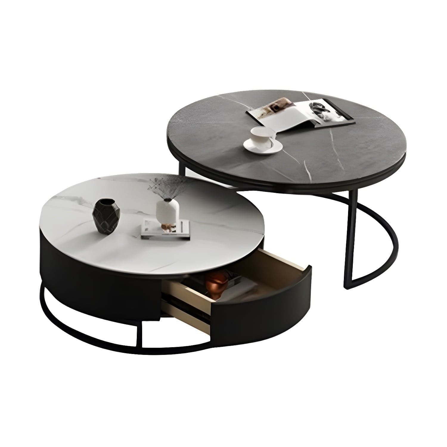 Set of 2 Round Stone Top Modern Nesting Tables with Black Metal Frames and Drawers Included thumbnail 3