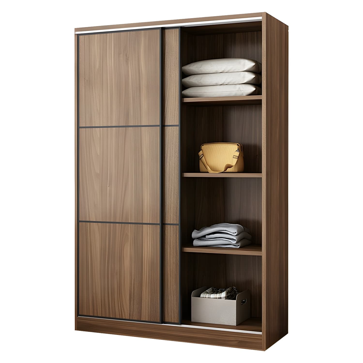 Non-Adjustable Traditional Brown Wood Wardrobe Armoire with Sliding Doors & Soft Close Drawers thumbnail 5