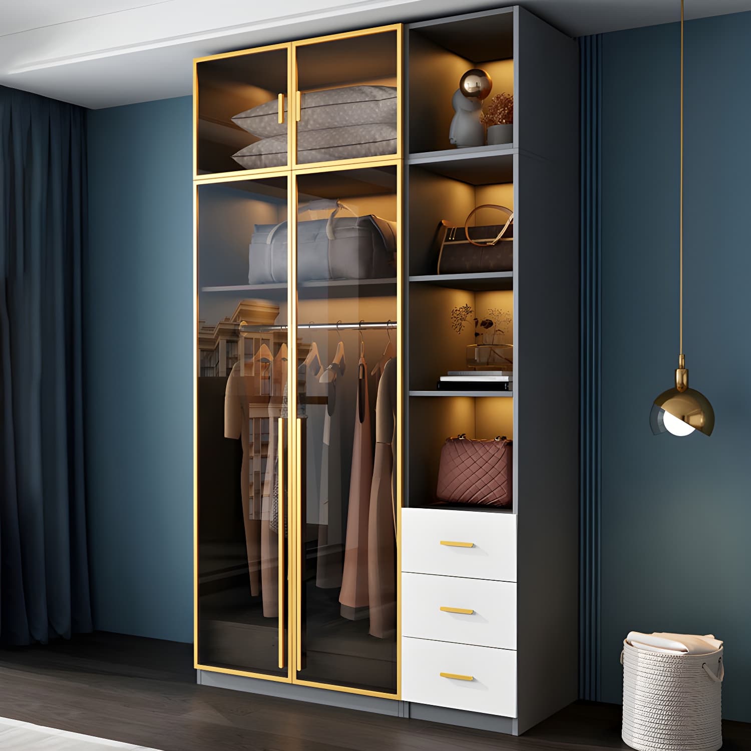 Contemporary Color Block Glass Doors Combination Armoire with Shelves Storage thumbnail 4