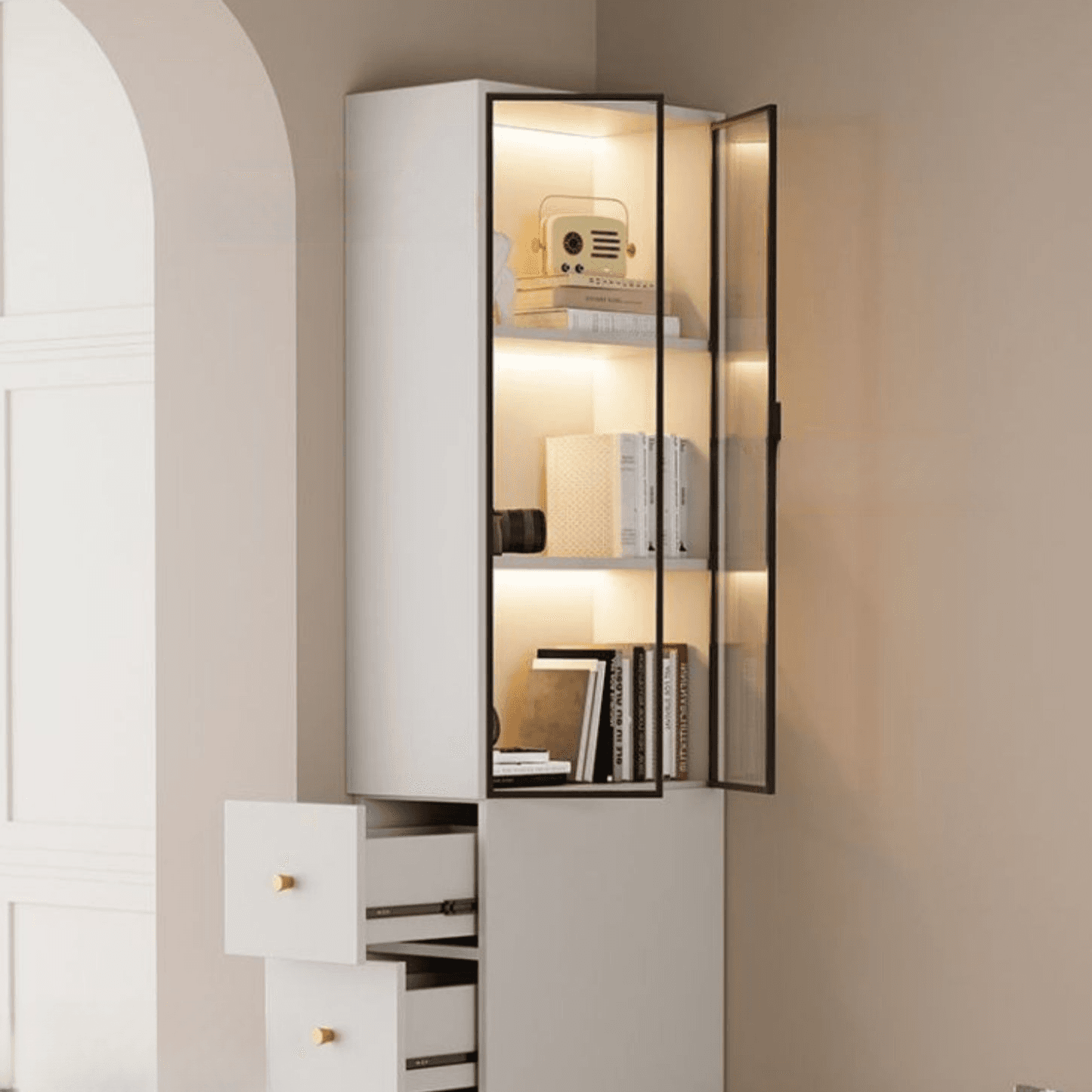 Detached Reclaimed Wood Utility Cabinet with Soft Close Drawer & Locker, Drawer Bars & Glass-panel Door thumbnail 5