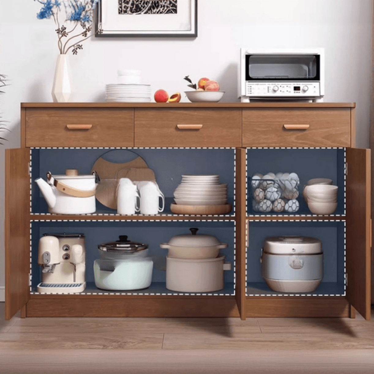 Modish Sideboard/Microwave Shelf Cabinet with Multiple Drawers, Narrow Size, 1 to 3 Shelves, Larder Storage, Timber Countertop, and Various Doors thumbnail 9