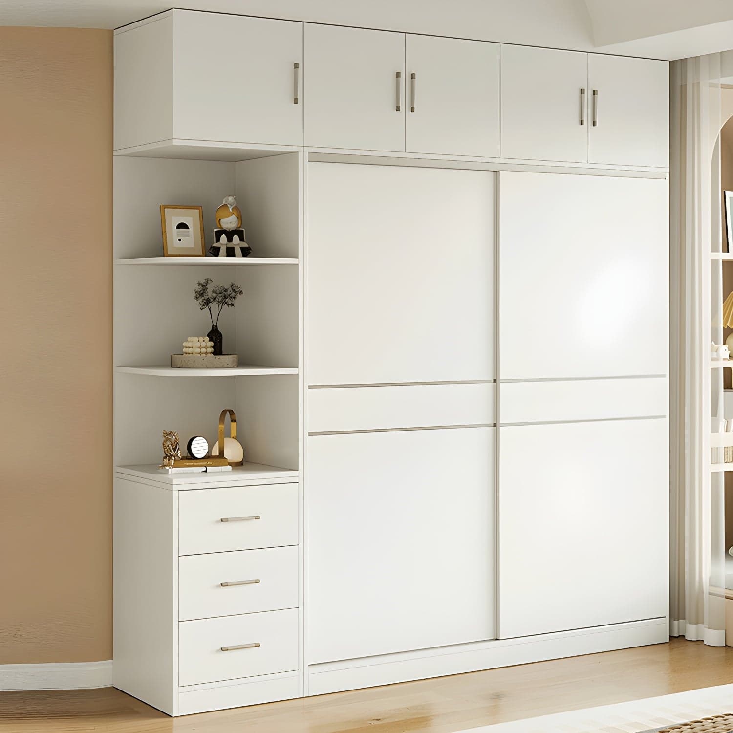 Modern White Wood Wardrobe Armoire with Sliding Doors, Shelves, and Soft Close Drawers