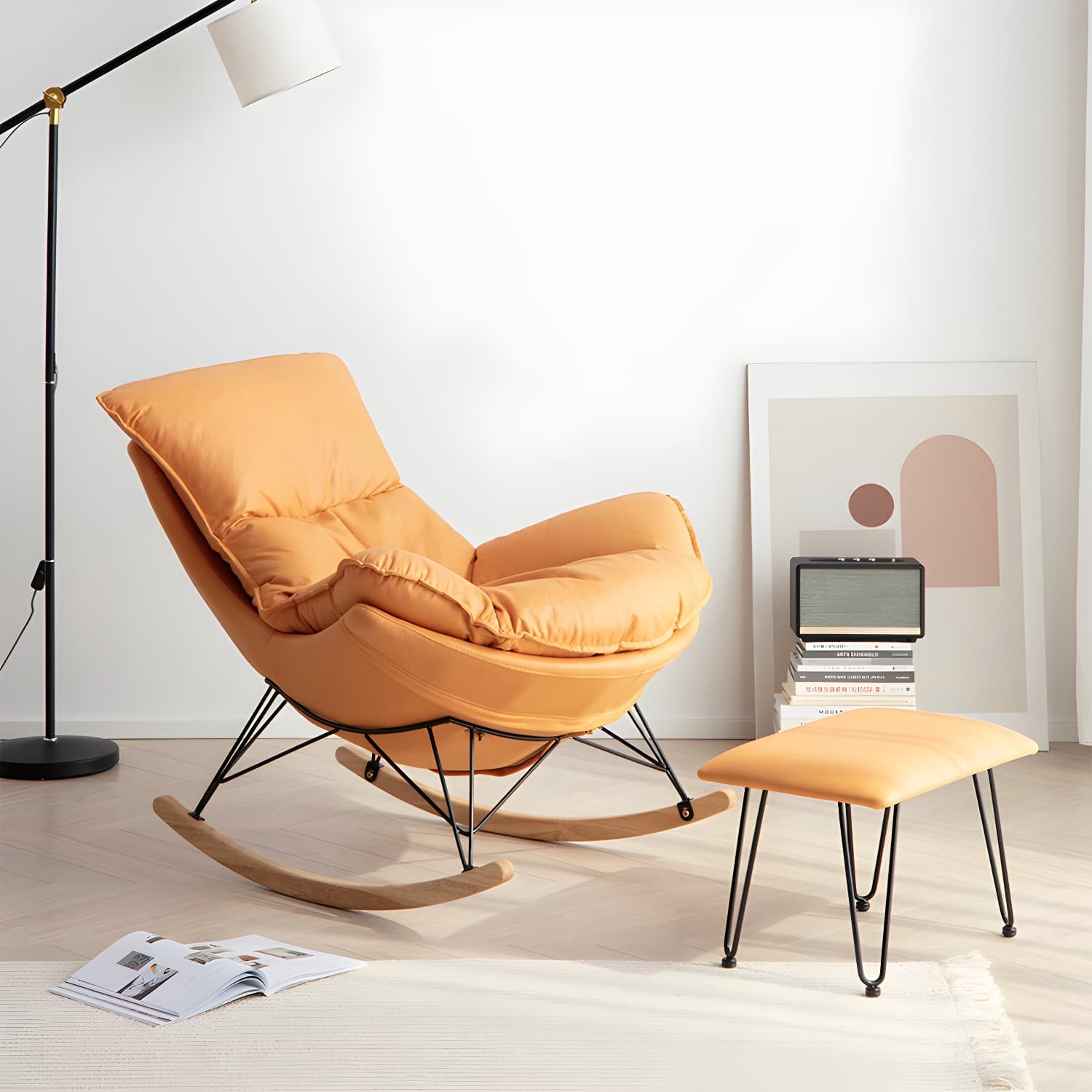 Modern Rocking Chair with Ottomans - Metal Frame, Removable Cushions, and Armless Design thumbnail 9