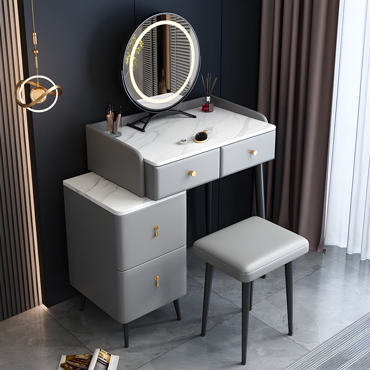 Contemporary Make-up Vanity with Stone Top and Metal Legs for Bedroom thumbnail 6