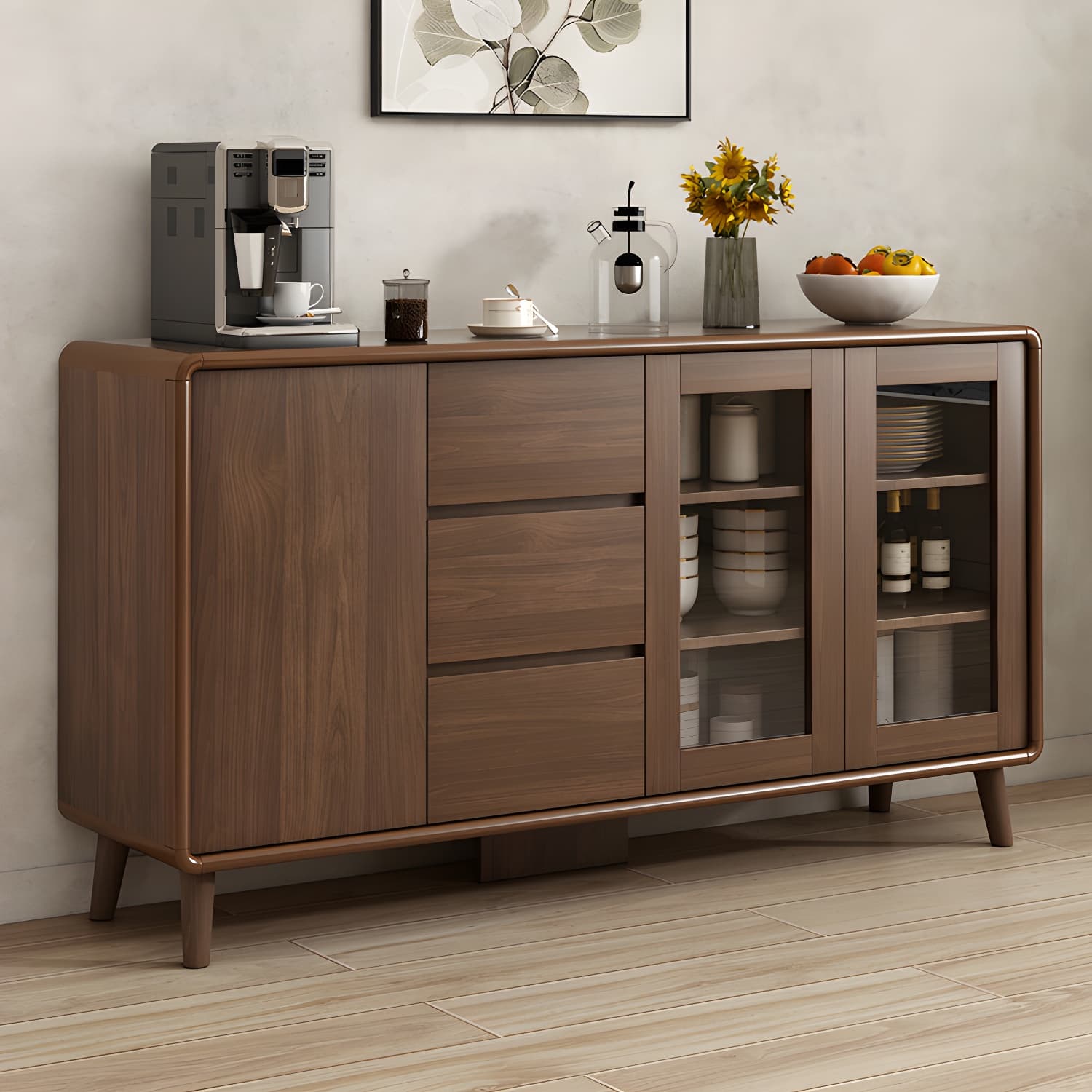 Modern Brown Wood Sideboard with Cabinets and Drawers - Stylish and Functional Buffet for Storage thumbnail 1