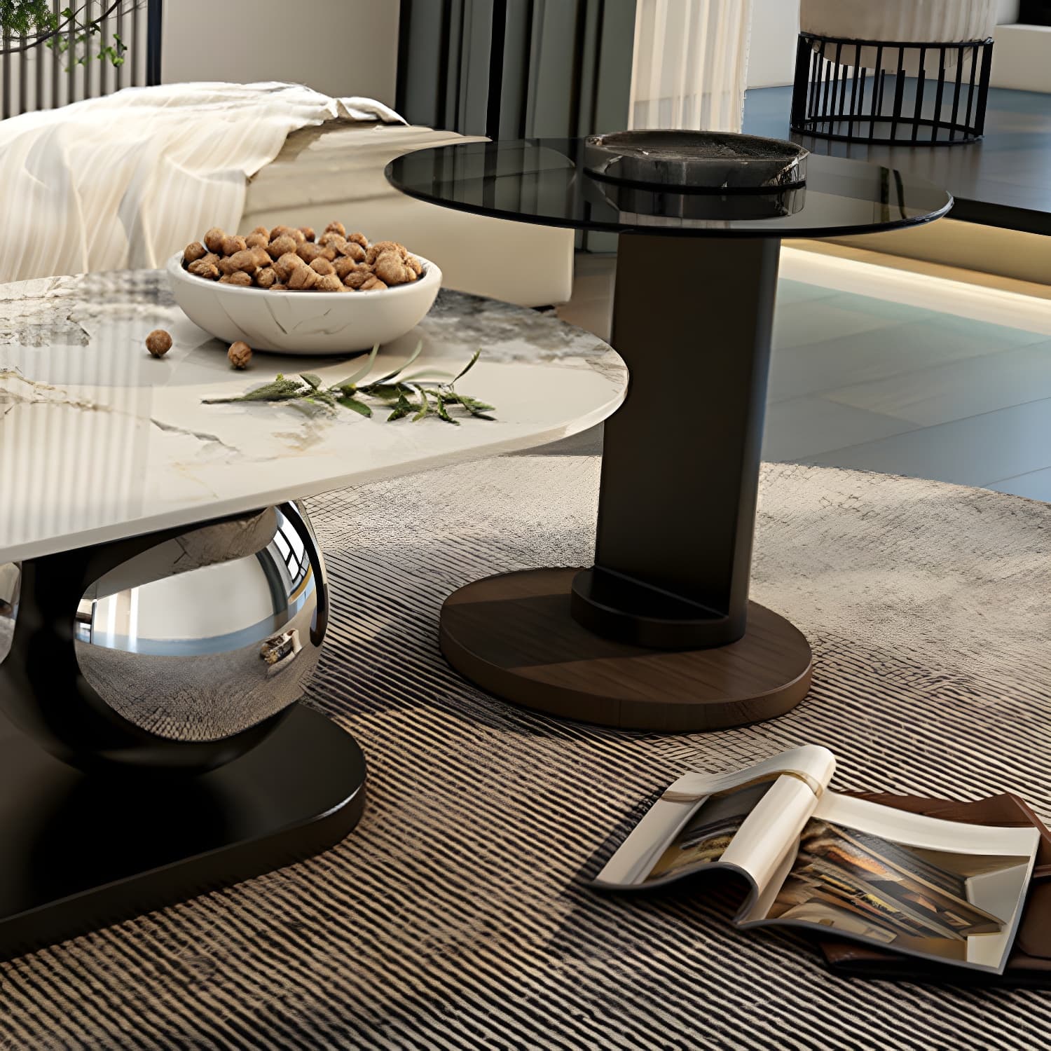 14"H Glam Coffee Table Slate Oval Pedestal Coffee Cocktail Table thumbnail 8