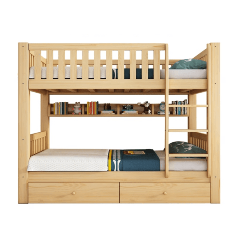 Timber Wood Color Bunk Bed with 2 Storage Boxes, Safety Guardrail & Compartment Bedroom thumbnail 9