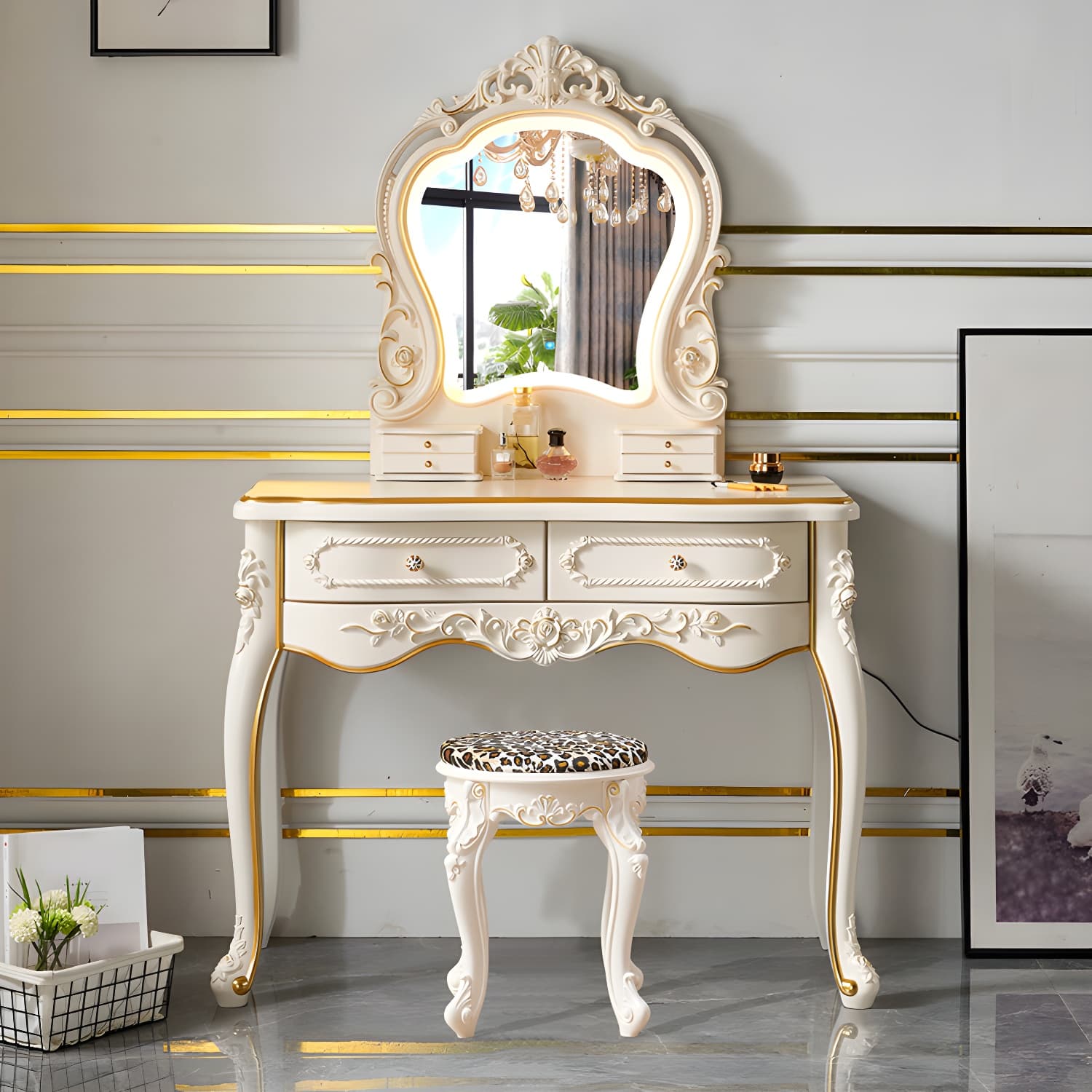 Victorian Make up Table Stool Set with Mirror and Drawers for Bedroom thumbnail 5