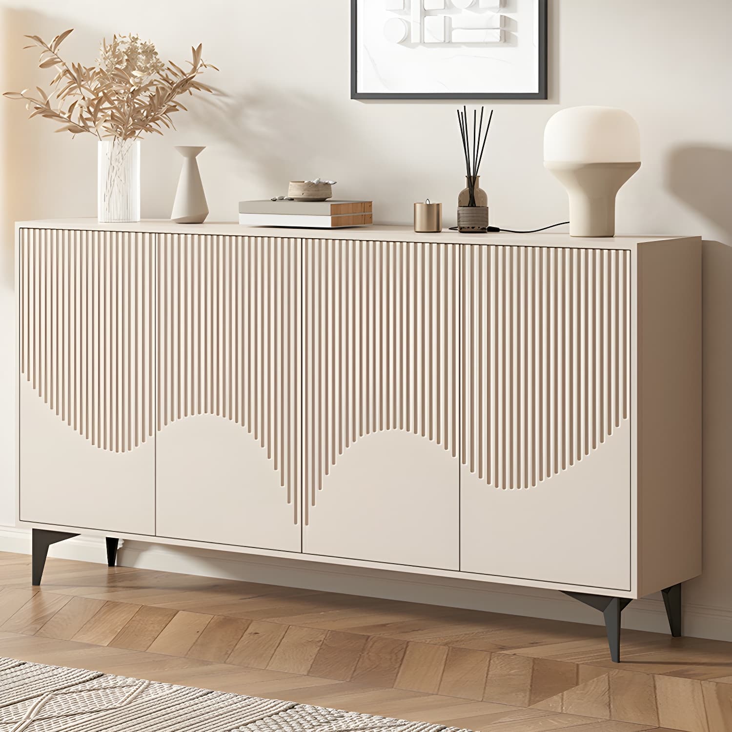 Modern White Wood Sideboard Credenza with Adjustable Shelving and 6 Interior Shelves thumbnail 4