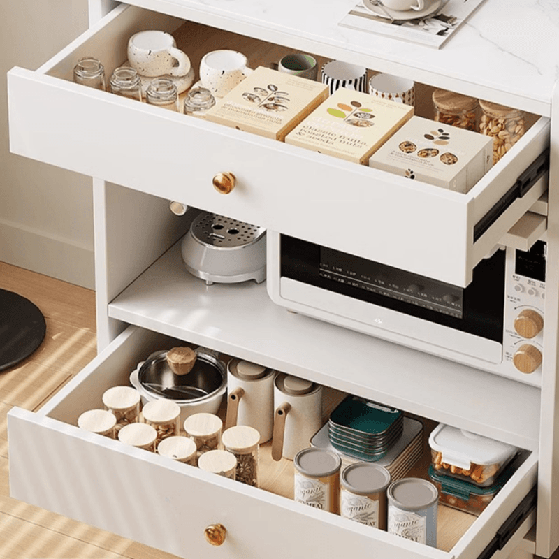 Simple Narrow Microwave Shelf Cabinet with 2 Drawers, Sintered Stone Countertop, Glazed Door, and Adjustable Shelving thumbnail 9