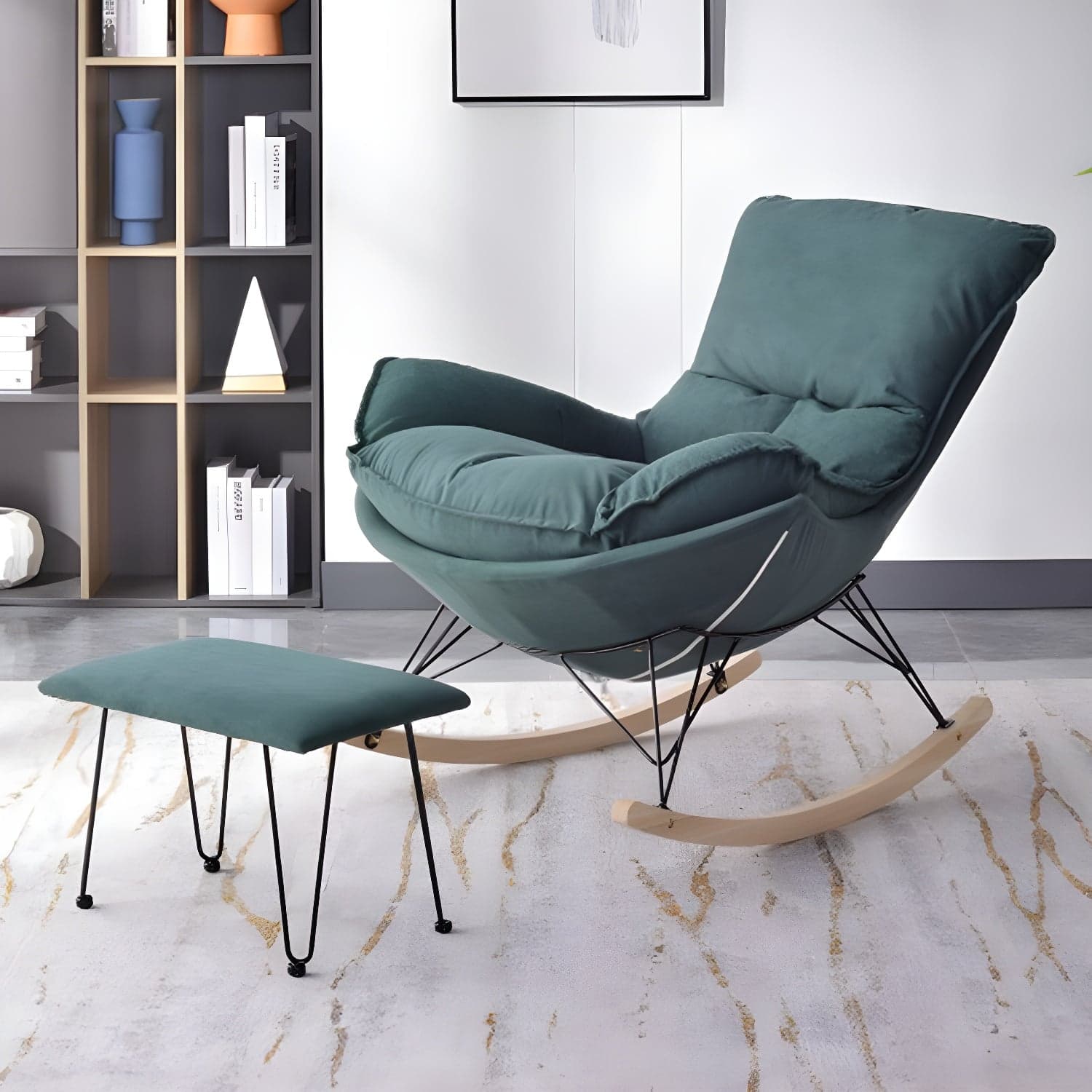 Modern Upholstered Rocking Chair with Ottoman Set - Natural Wood Legs thumbnail 5