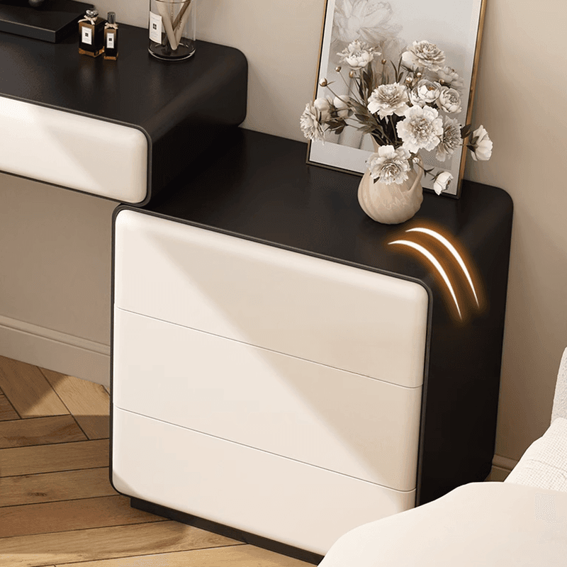 Simplistic Large Vanity Set with Lumber Table Top, Cream Seat, 5 Drawers, and Mirror Lights thumbnail 5