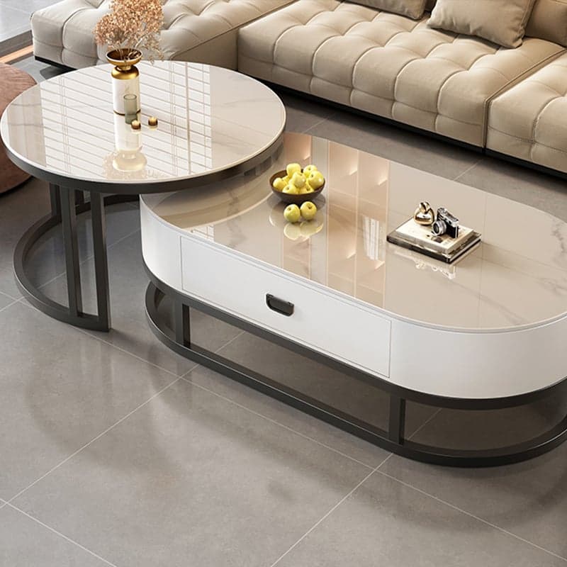 Set of 2 Modern Nesting Stone Coffee Tables with Metal Frame and Drawers thumbnail 4
