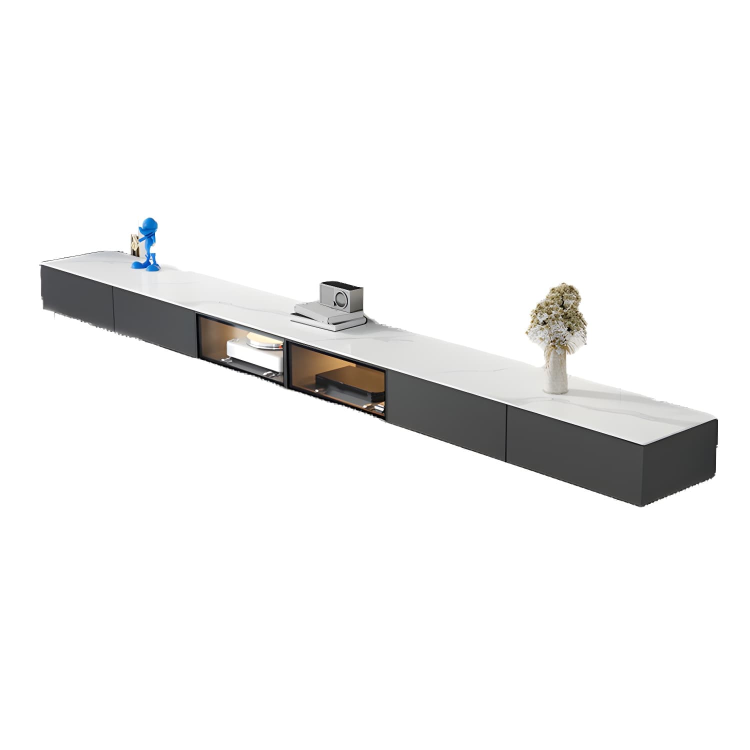 Modern Wall-mounted TV Media Stand Slate Top Wood Frame with Storage thumbnail 5