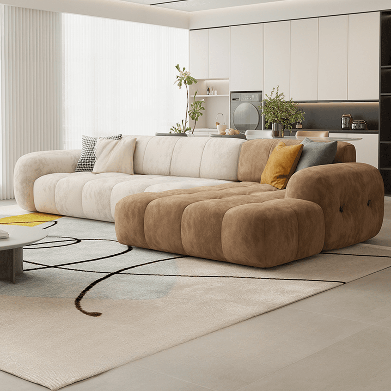 Channel Back L-Shape/Straight Right Hand Facing/Horizontal Sofa Recliner/Sofa Couch in Brown/Beige with Concealed Support & Pine Wood Frame for Living Room thumbnail 12