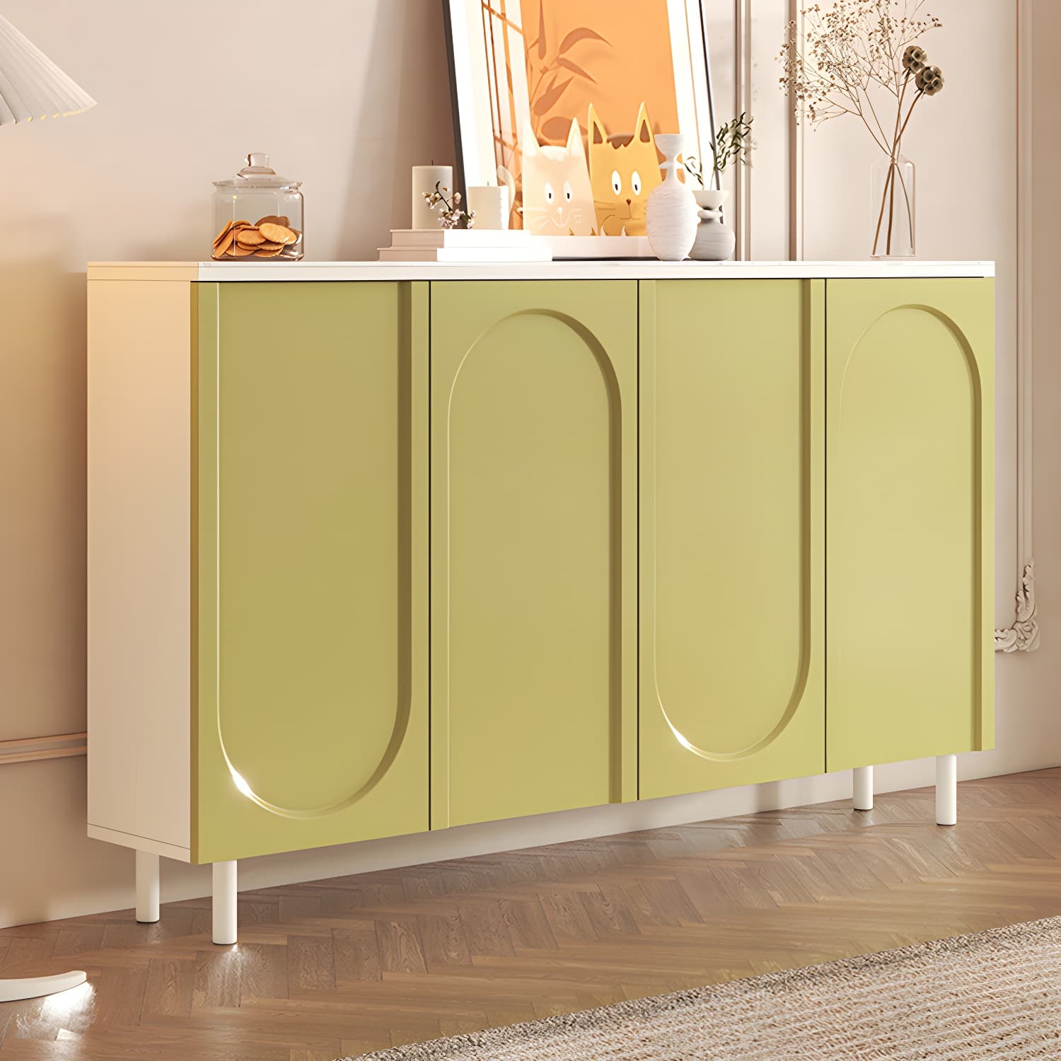 Scandinavian Wood Buffet Sideboard Cabinet with Stone Countertop Shelves Included thumbnail 5