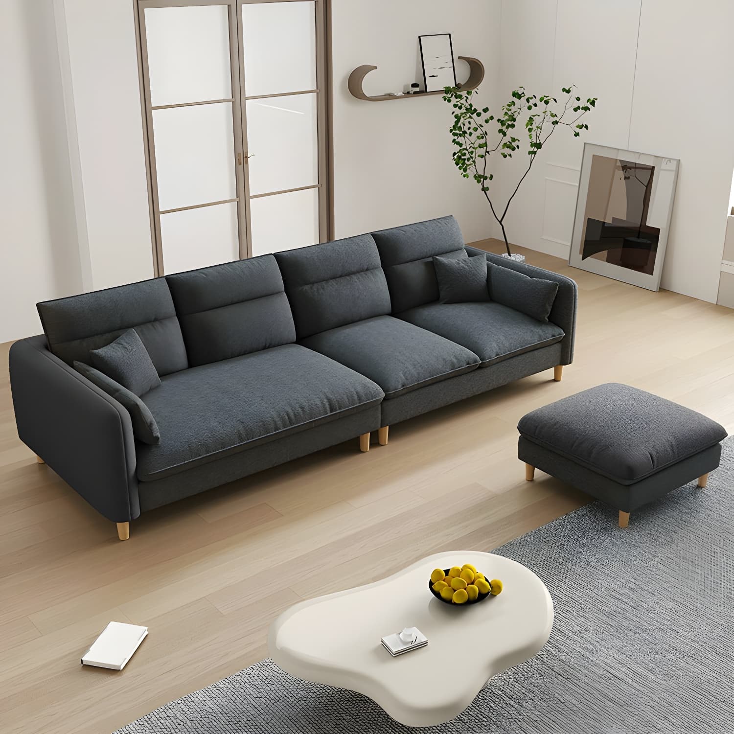 Modern Wood Frame Straight Sectional Sofa Set with Ottoman in Brown, 3 Piece Set thumbnail 2