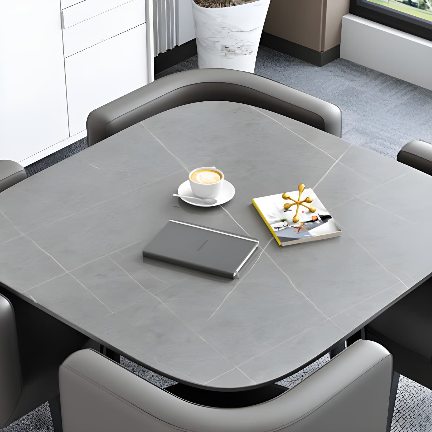 5 Piece Square Shape Sintered Stone Top Dining Room Table Set thumbnail 6