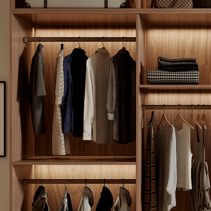 Simplistic Wood Color Timber Wardrobe Closet with Soft Close Door, Interior Shelves, and Hanging Rod thumbnail 6