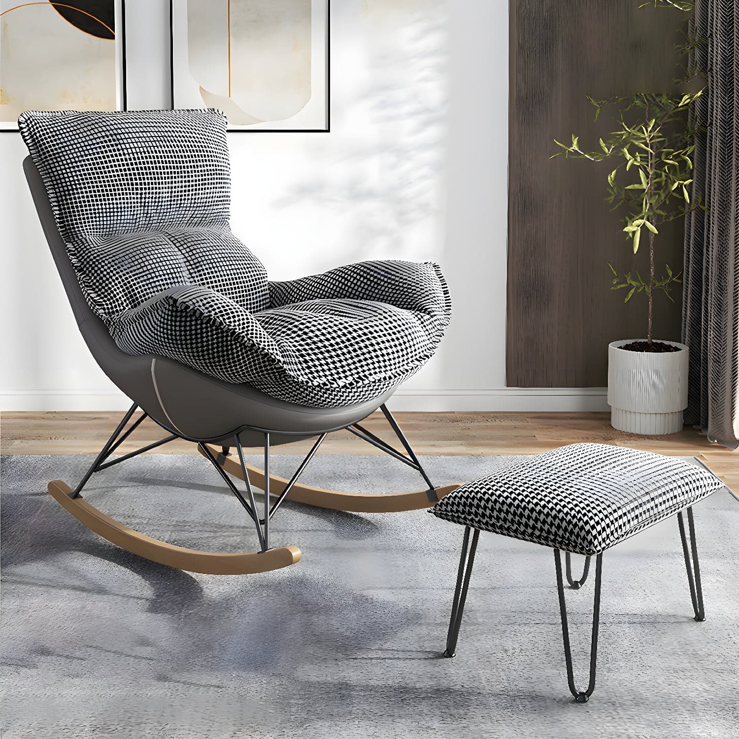 Modern Upholstered Rocking Chair and Ottoman Set - Natural Wood Legs, Stylish Design for Home Decor thumbnail 3