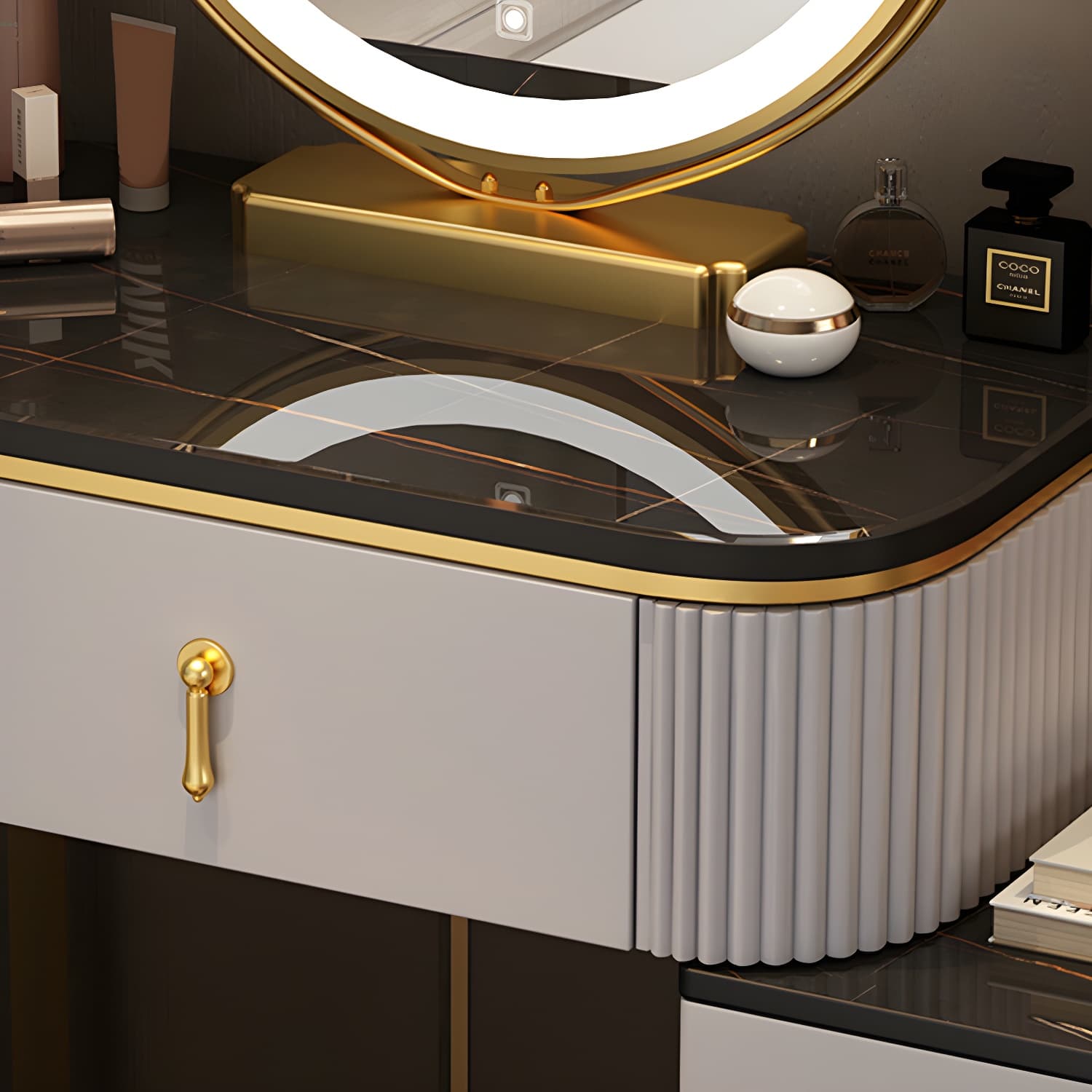 Lighted Mirror Makeup Vanity Desk with 4 Drawers Glam Makeup Vanity Set thumbnail 10