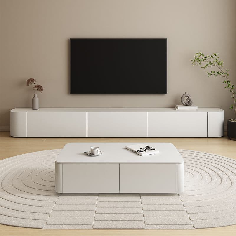 Modern White Long Over 67 inches TV Stand Featuring Without Legs Design and Self-Close Drawer Glides thumbnail 2