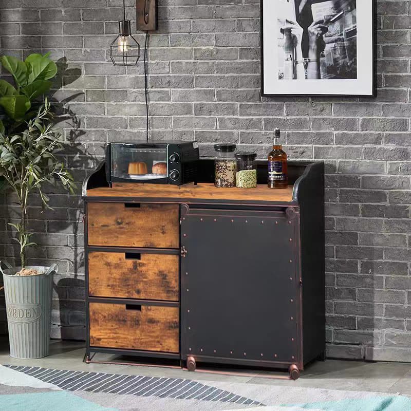Industrial Metal Sideboard Cabinet with Wood Countertop, 3 Drawers, and Sliding Doors - image 10