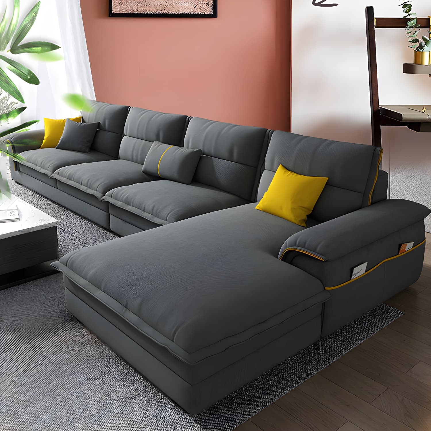 Modern Gray Cotton and Linen Sectional Sofa with Wood Frame and Storage Included thumbnail 3