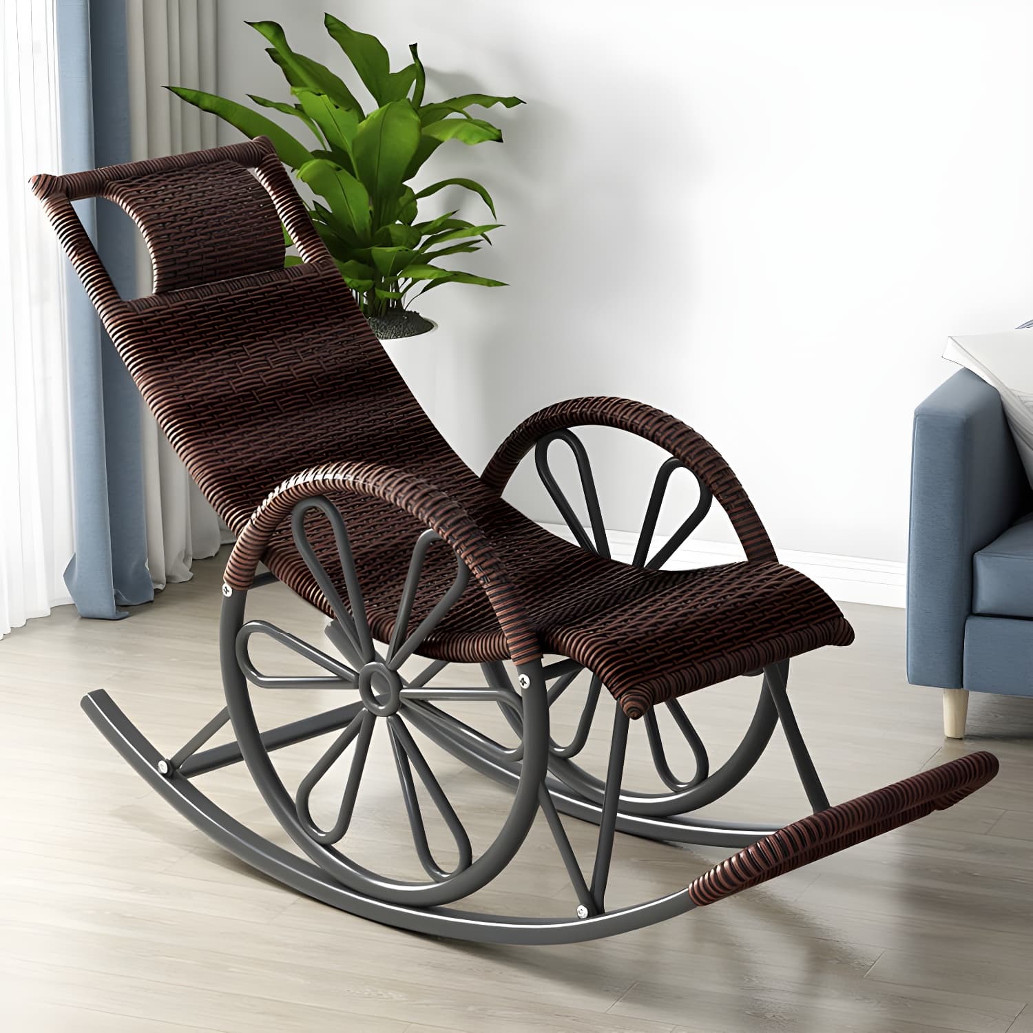 Rattan Modern Rocking Chair Woven Rope Rocker Chair in Black thumbnail 8