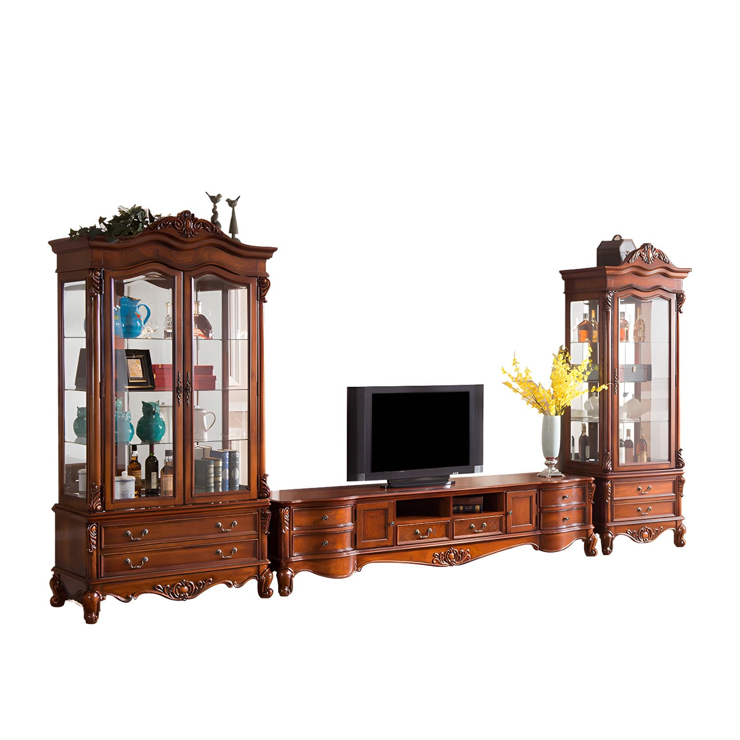 Solid Wood TV Console Traditional Enclosed TV Cabinet with Glide Drawers thumbnail 5