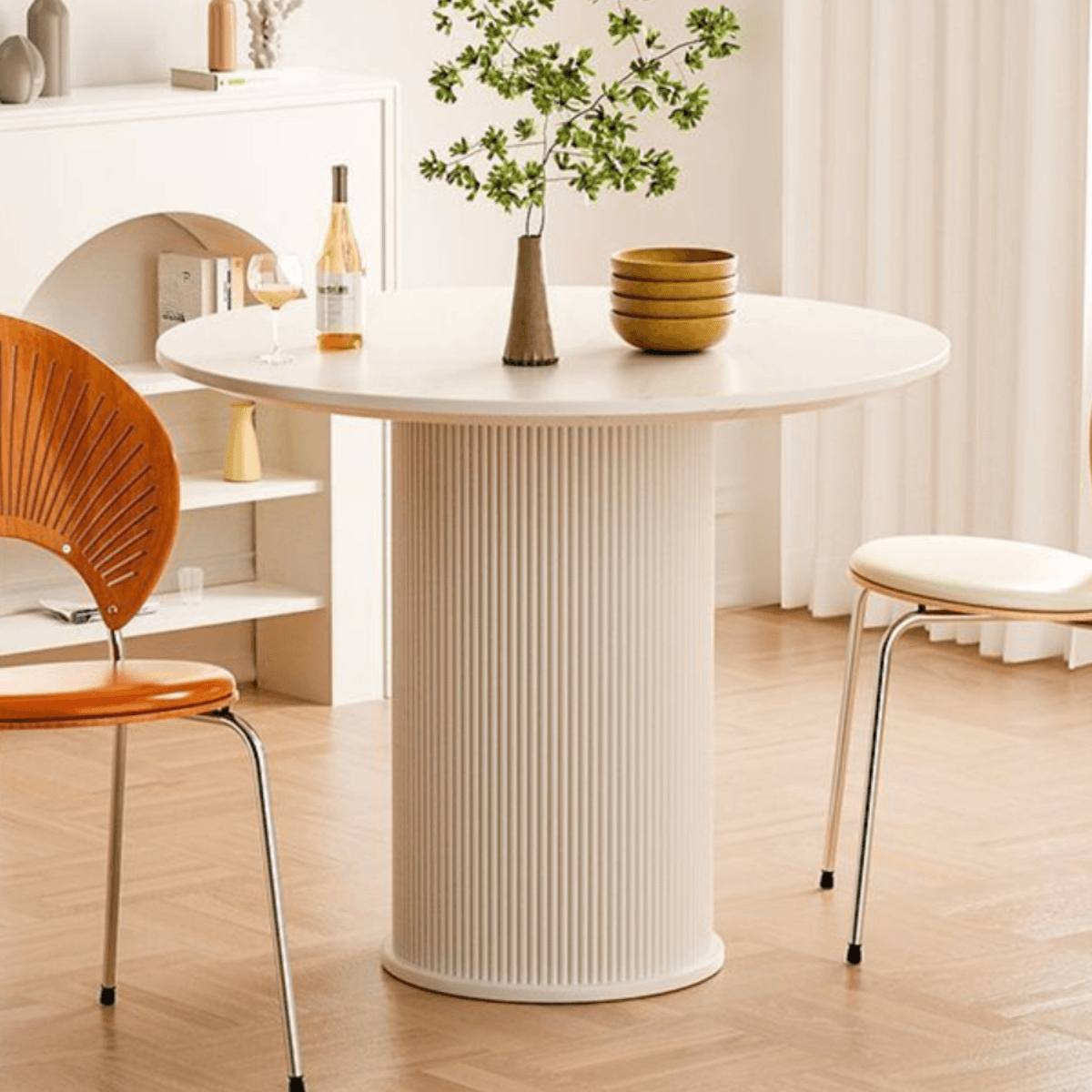 Minimalist Sintered Stone Rounded Fixed Dining Table with Single Ribbed Leg for 2 People/for 4 thumbnail 3
