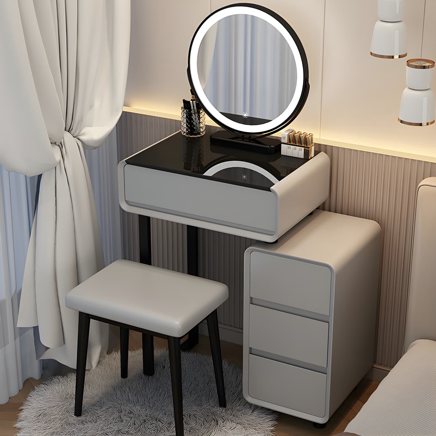 Modern Gray Makeup Vanity with Mirror & Drawers & Seat Included thumbnail 1