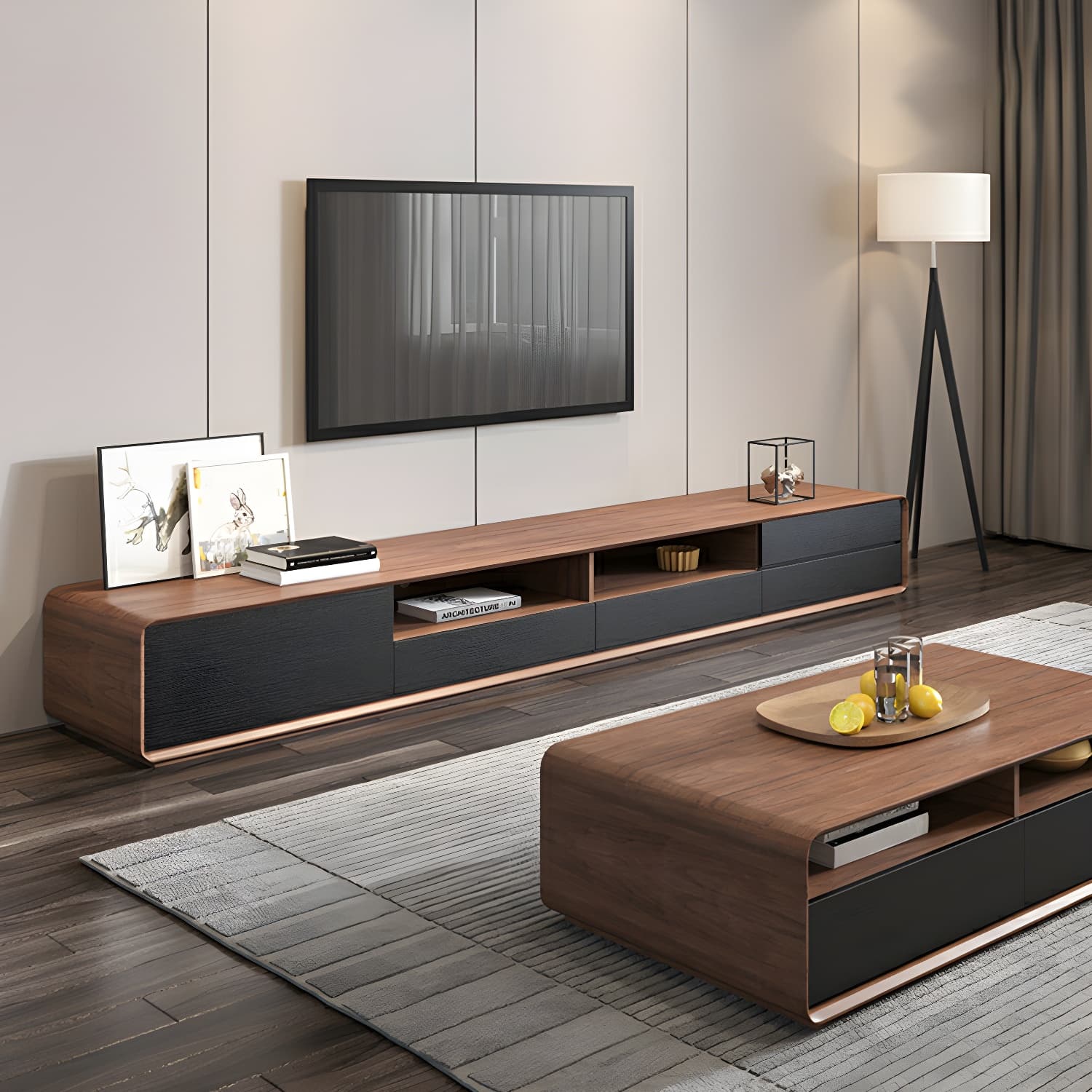 Scandinavian Wood TV Stand with Drawers and Cabinet for Long TVs - Cable Management Included thumbnail 11