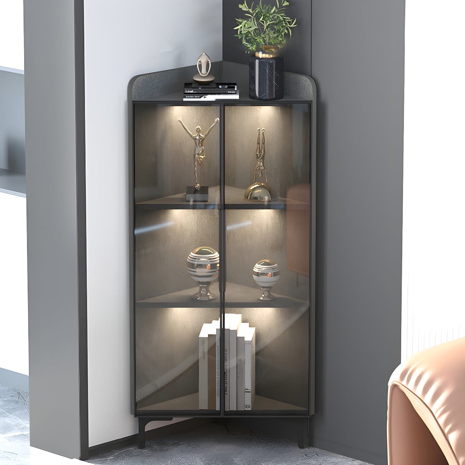 Modern Black Corner Accent. Wood Countertop. Glass Doors. Cabinets included thumbnail 1