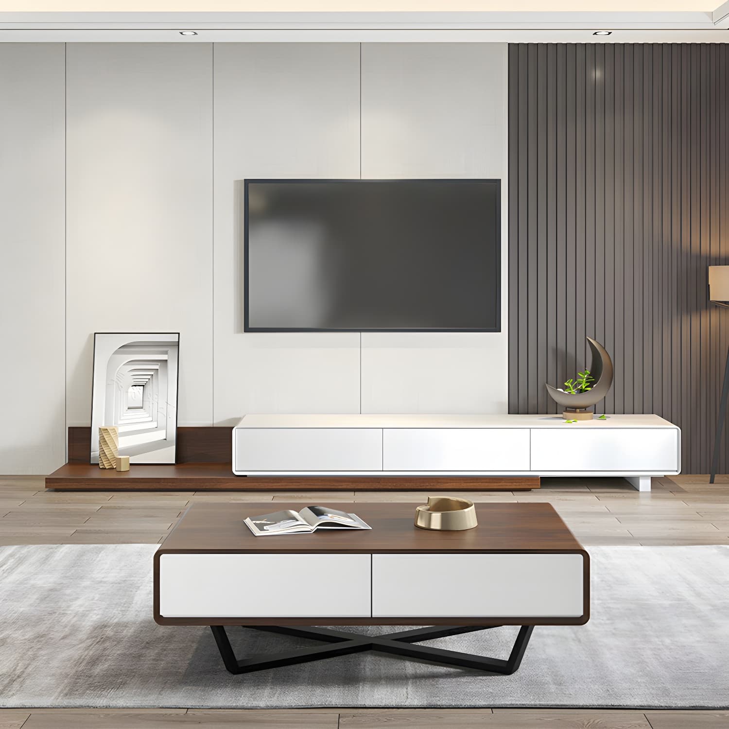 Rectangular Wood Modern Coffee Table with Black Metal Cross Legs and Storage Drawers thumbnail 19