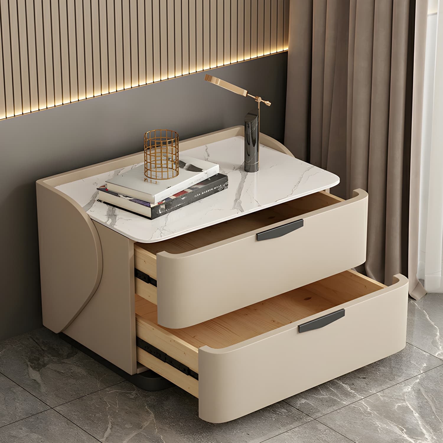 Modern Faux Leather Nightstand with Two Drawers in Light Wood thumbnail 9