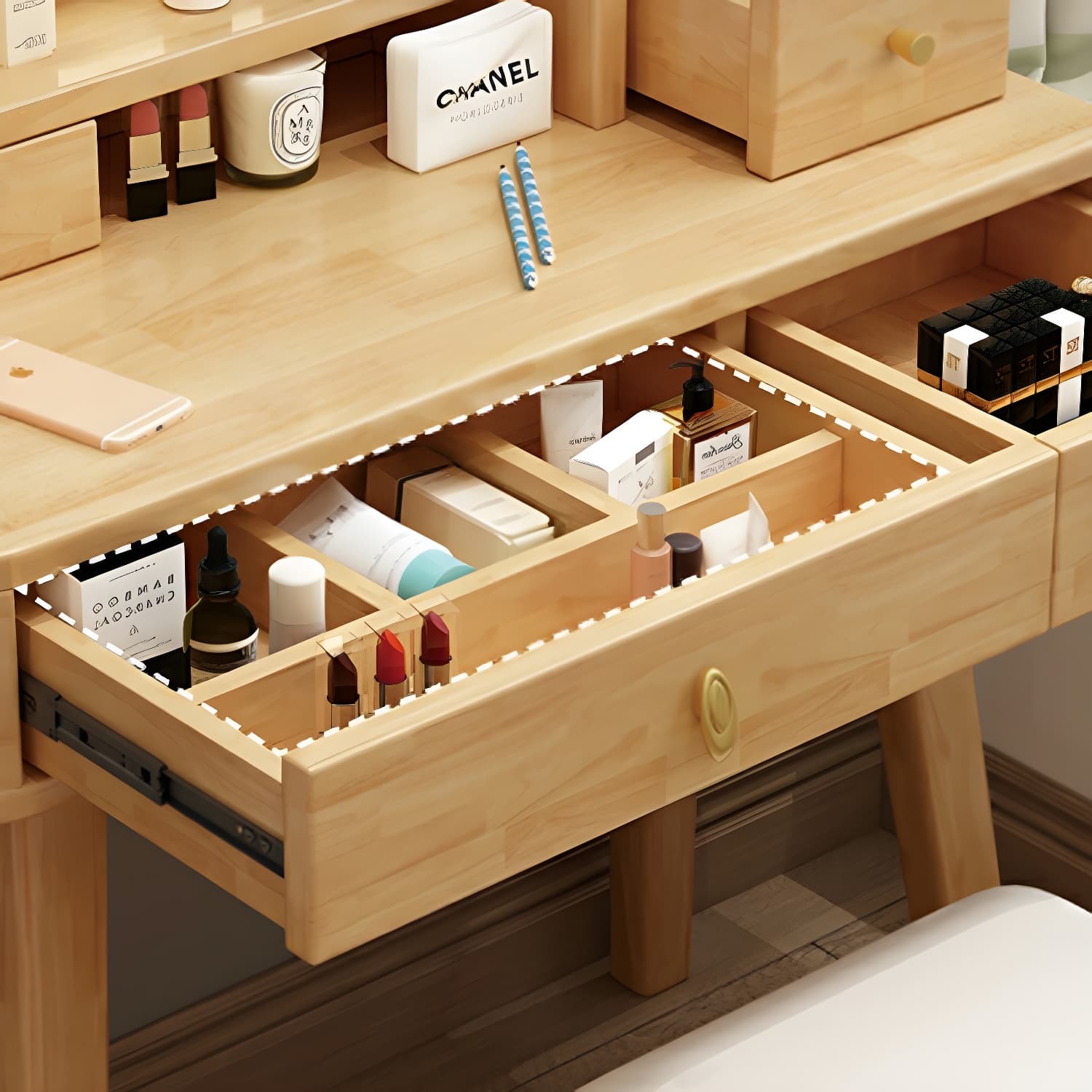 Modern Wood Makeup Vanity with Drawers, Mirror & Upholstered Chair thumbnail 11
