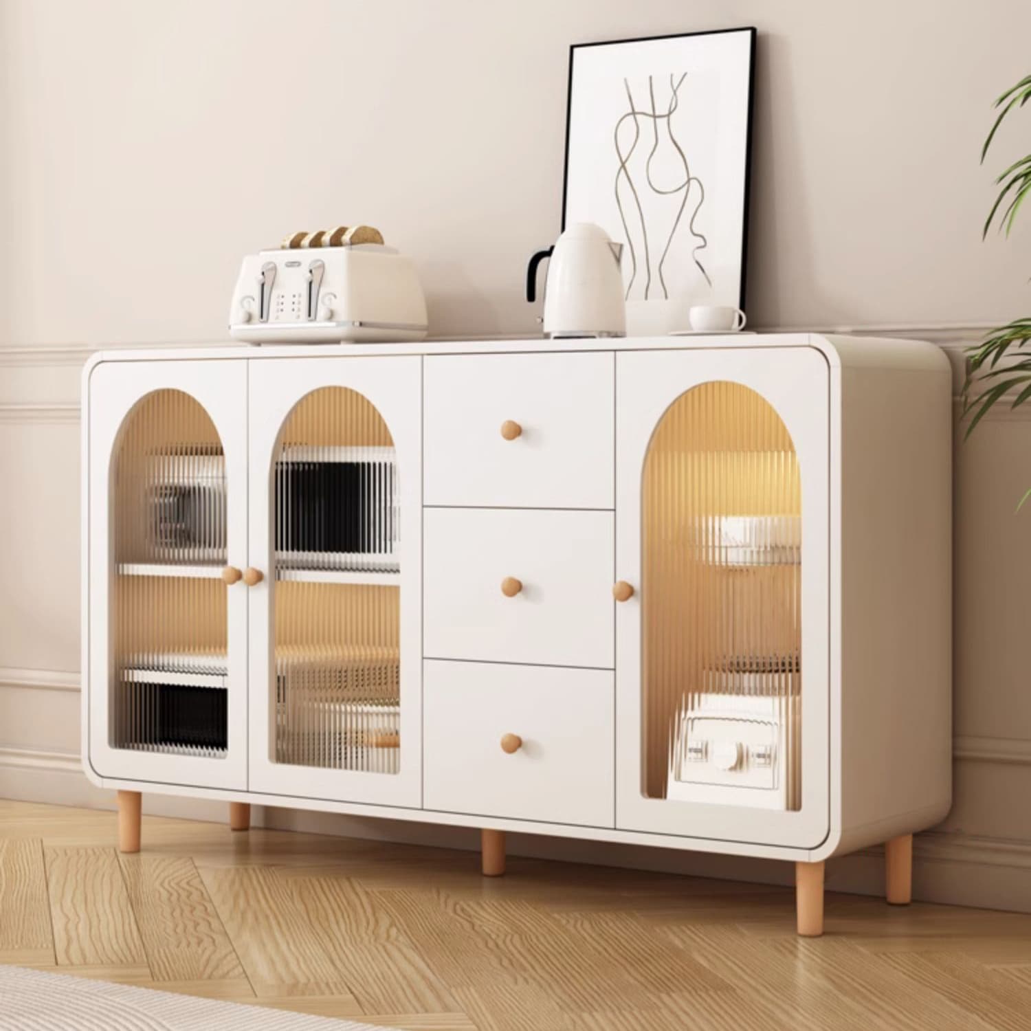 Scandinavian Wood Sideboard Cabinet with Adjustable Shelves and Glass Doors - 40cm Width thumbnail 5