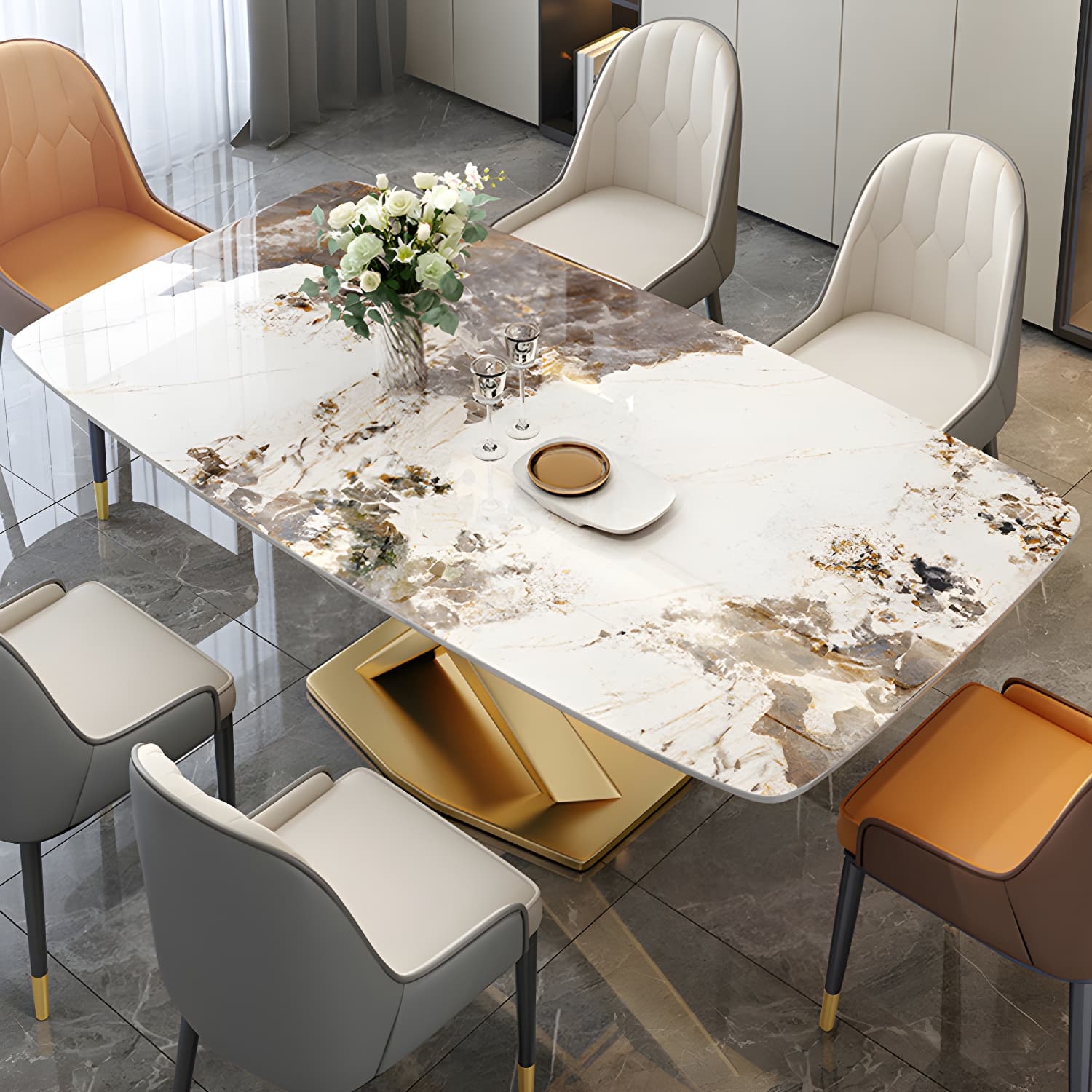 Glam Metal Dining Set in Beige with Gold Pedestal Base and Slate Tabletop - 1/5/7 Piece Set thumbnail 3