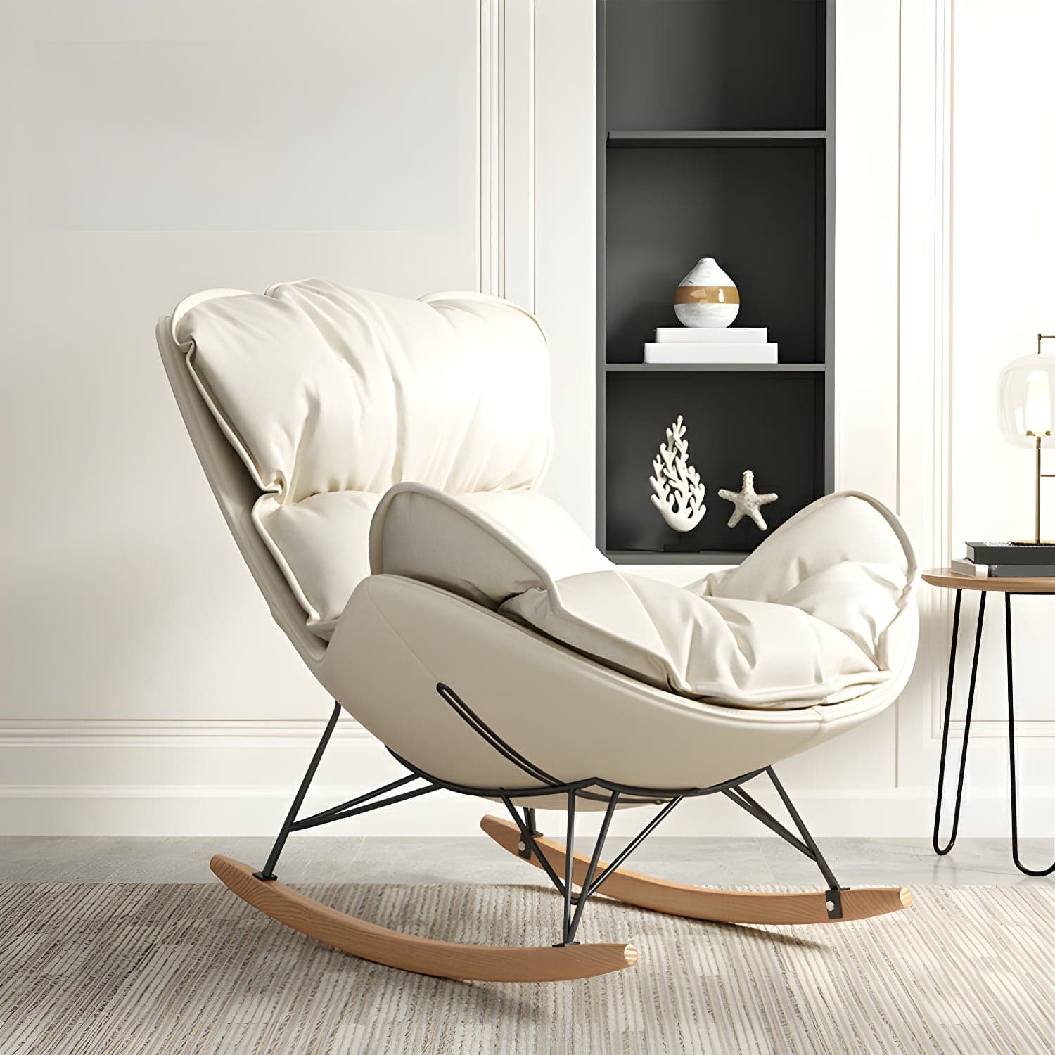 Modern Metal Rocking Chair with Upholstered Seat - Brown Legs, Removable Cushions thumbnail 4