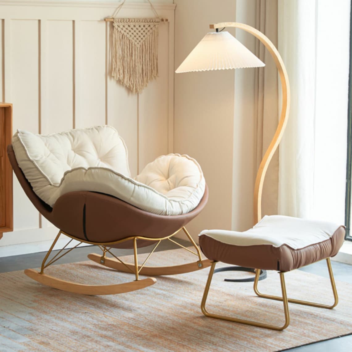 Stylish and Comfortable Modern Rocking Chair with Natural Wood Legs and Upholstered Track Arms thumbnail 10